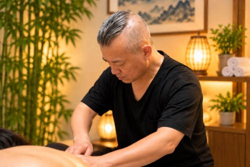 Alex Yan providing a massage treatment